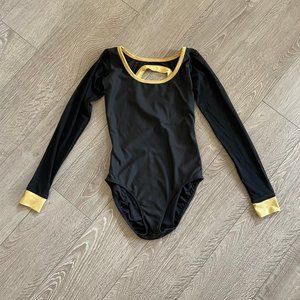 Five Dancewear Mesh Sleeves Gold Trim Black Leotard in size PA